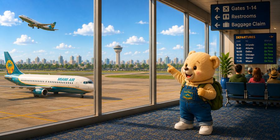 Fred Bear pointing at planes in the airport terminal